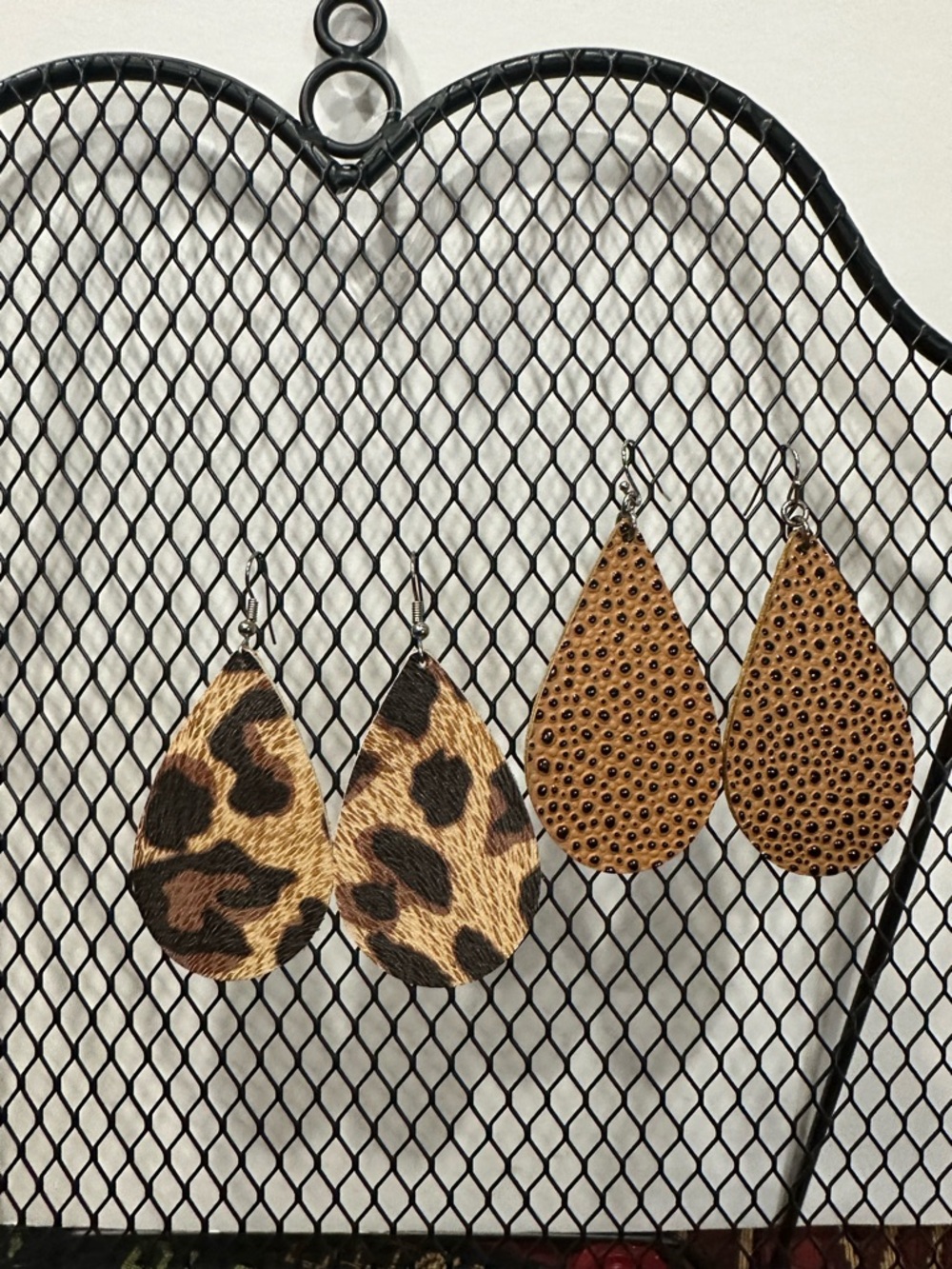 Women’s Teardrop Earring Duo — Leopard Print & Tan with dark blk/dark dots
